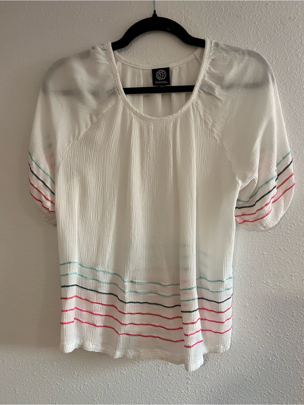 bobeau White Short-Sleeve Gauze Blouse with Multicolor Stripe Detail
